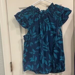 J. Crew Navy Blue Top with Teal Leaf Print
